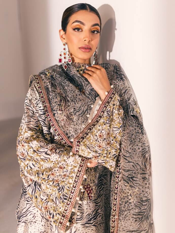 NUREH Unstitched Embroidered Charmeuse Printed Silk 3Pc Suit S-05
