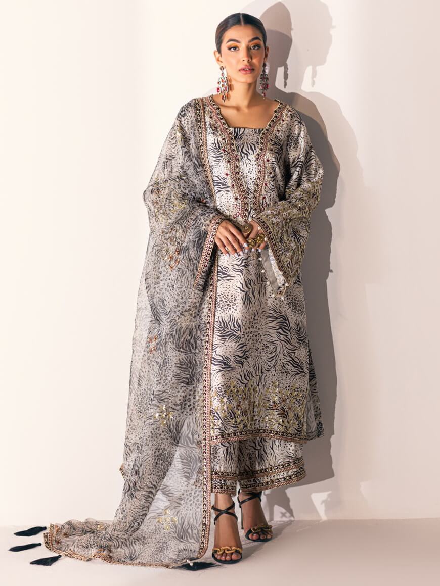 NUREH Unstitched Embroidered Charmeuse Printed Silk 3Pc Suit S-05