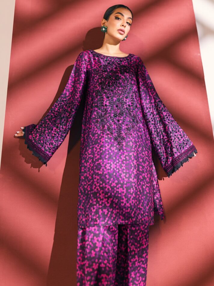 NUREH Unstitched Embroidered Charmeuse Printed Silk 3Pc Suit S-06