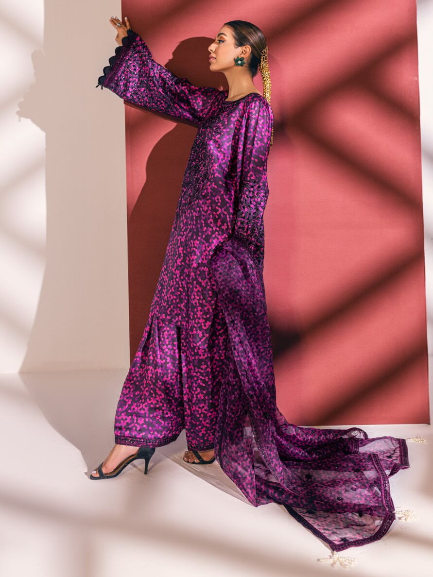 NUREH Unstitched Embroidered Charmeuse Printed Silk 3Pc Suit S-06