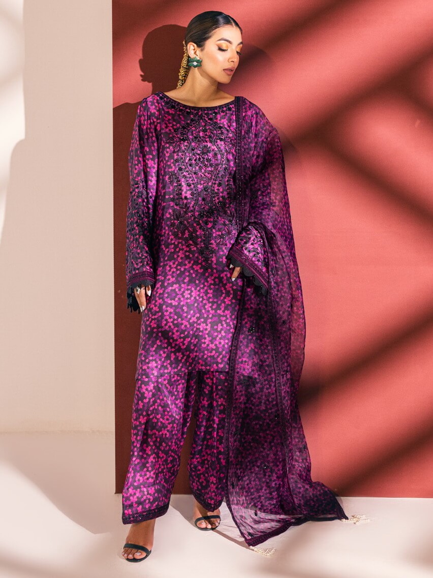 NUREH Unstitched Embroidered Charmeuse Printed Silk 3Pc Suit S-06