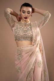 Imrozia Premium Embroidery Lumiere Luxury Net Stitched Saree S.S 01 Rose Clair