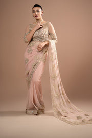 Imrozia Premium Embroidery Lumiere Luxury Net Stitched Saree S.S 01 Rose Clair
