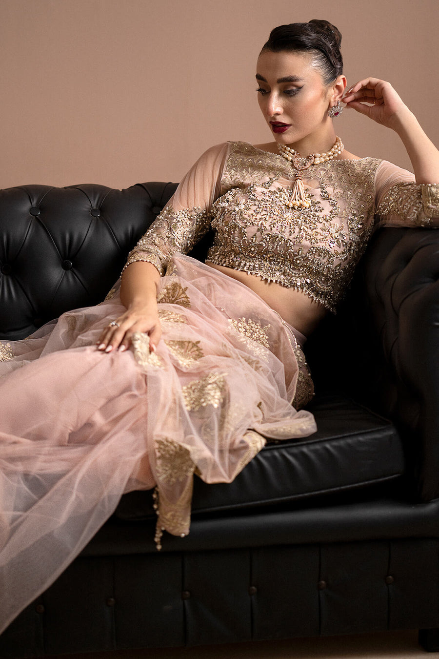 Imrozia Premium Embroidery Lumiere Luxury Net Stitched Saree S.S 01 Rose Clair