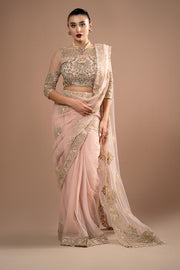 Imrozia Premium Embroidery Lumiere Luxury Net Stitched Saree S.S 01 Rose Clair