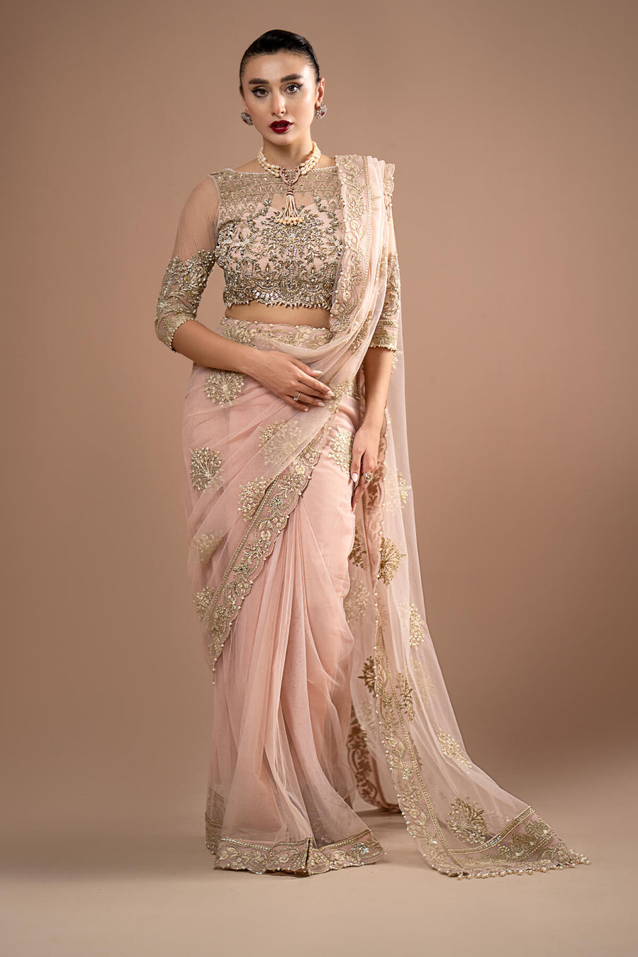 Imrozia Premium Embroidery Lumiere Luxury Net Stitched Saree S.S 01 Rose Clair