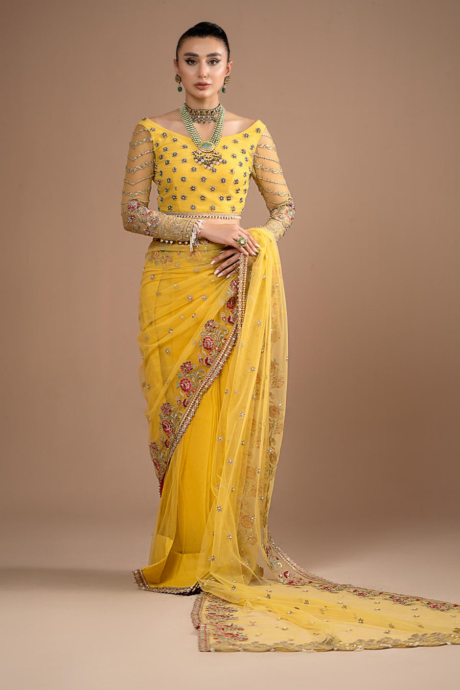 Imrozia Premium Embroidery Lumiere Luxury Net Stitched Saree S.S 02 Lustrous Gold