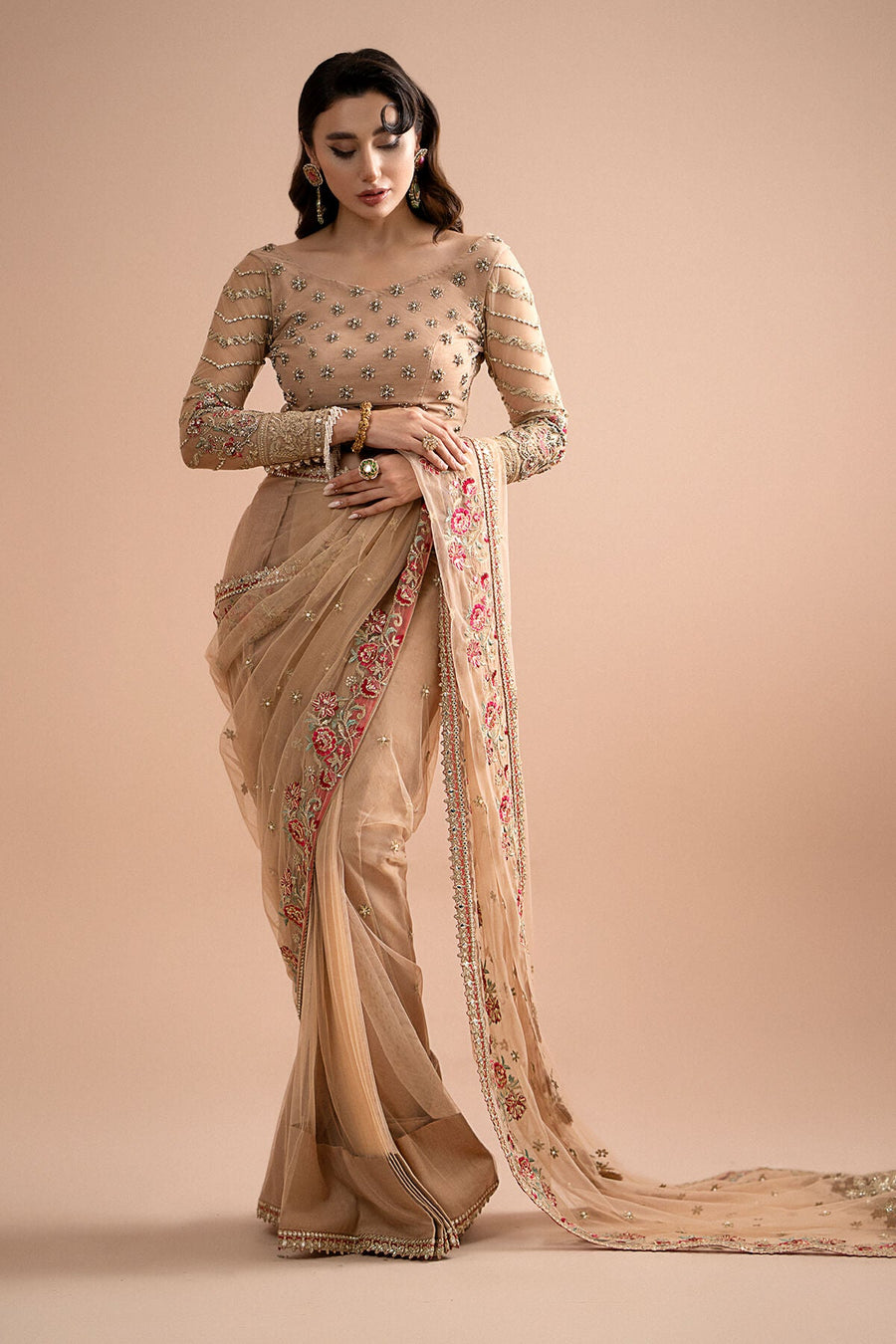 Imrozia Premium Embroidery Lumiere Luxury Net Stitched Saree S.S 05 Celeste