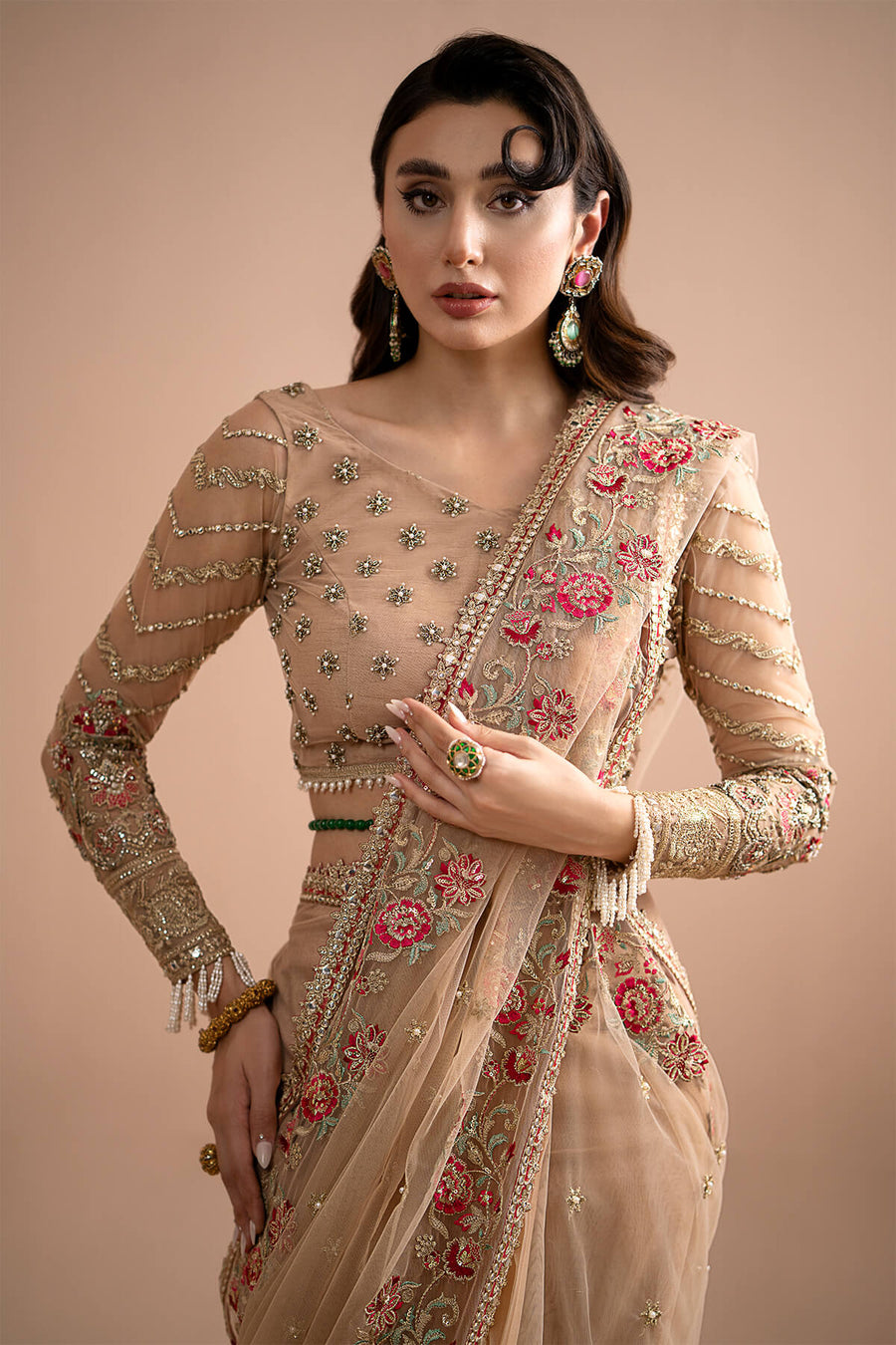Imrozia Premium Embroidery Lumiere Luxury Net Stitched Saree S.S 05 Celeste
