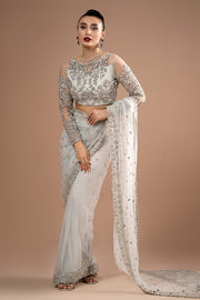 Imrozia Premium Embroidery Lumiere Luxury Net Stitched Saree S.S 07 Misty Grey