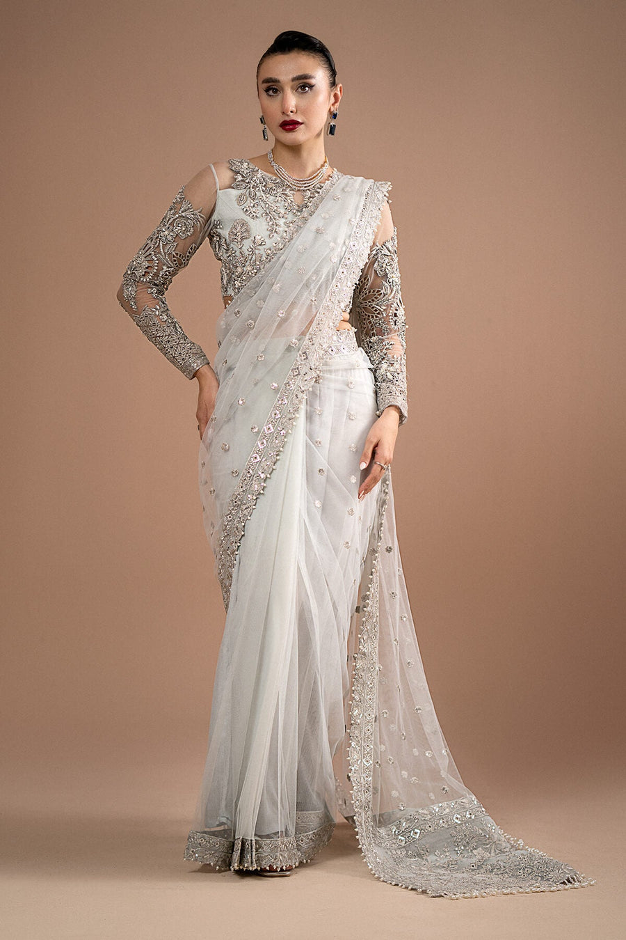 Imrozia Premium Embroidery Lumiere Luxury Net Stitched Saree S.S 07 Misty Grey