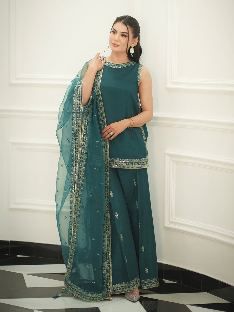 Faiza Faisal Mayal Festive Pret Embroidered Raw Silk 3Pc Suit - SEREN