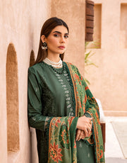 Shazme Kamari Luxury Lawn Unstitched 3Pc Suit SH-03 Forest Green
