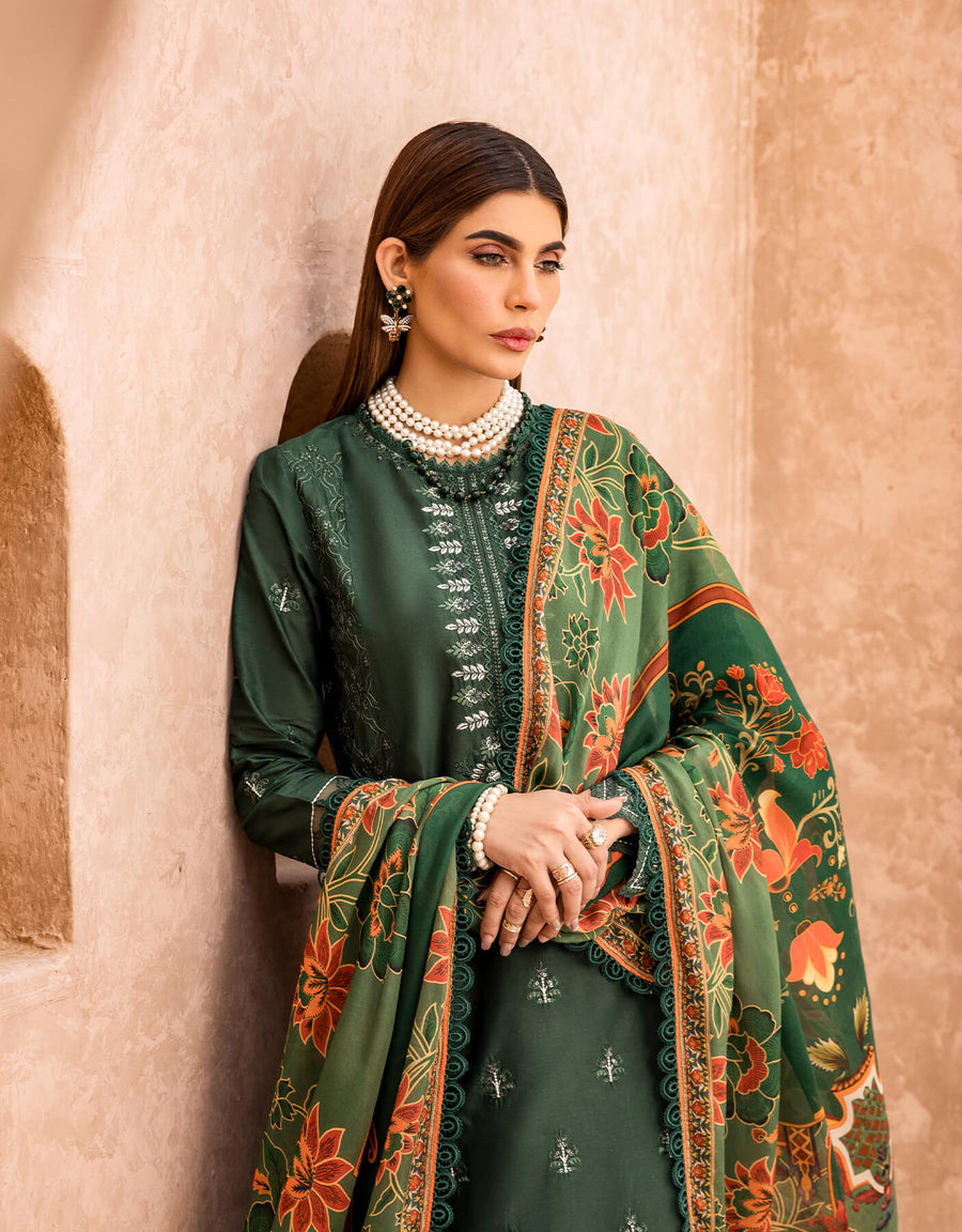 Shazme Kamari Luxury Lawn Unstitched 3Pc Suit SH-03 Forest Green