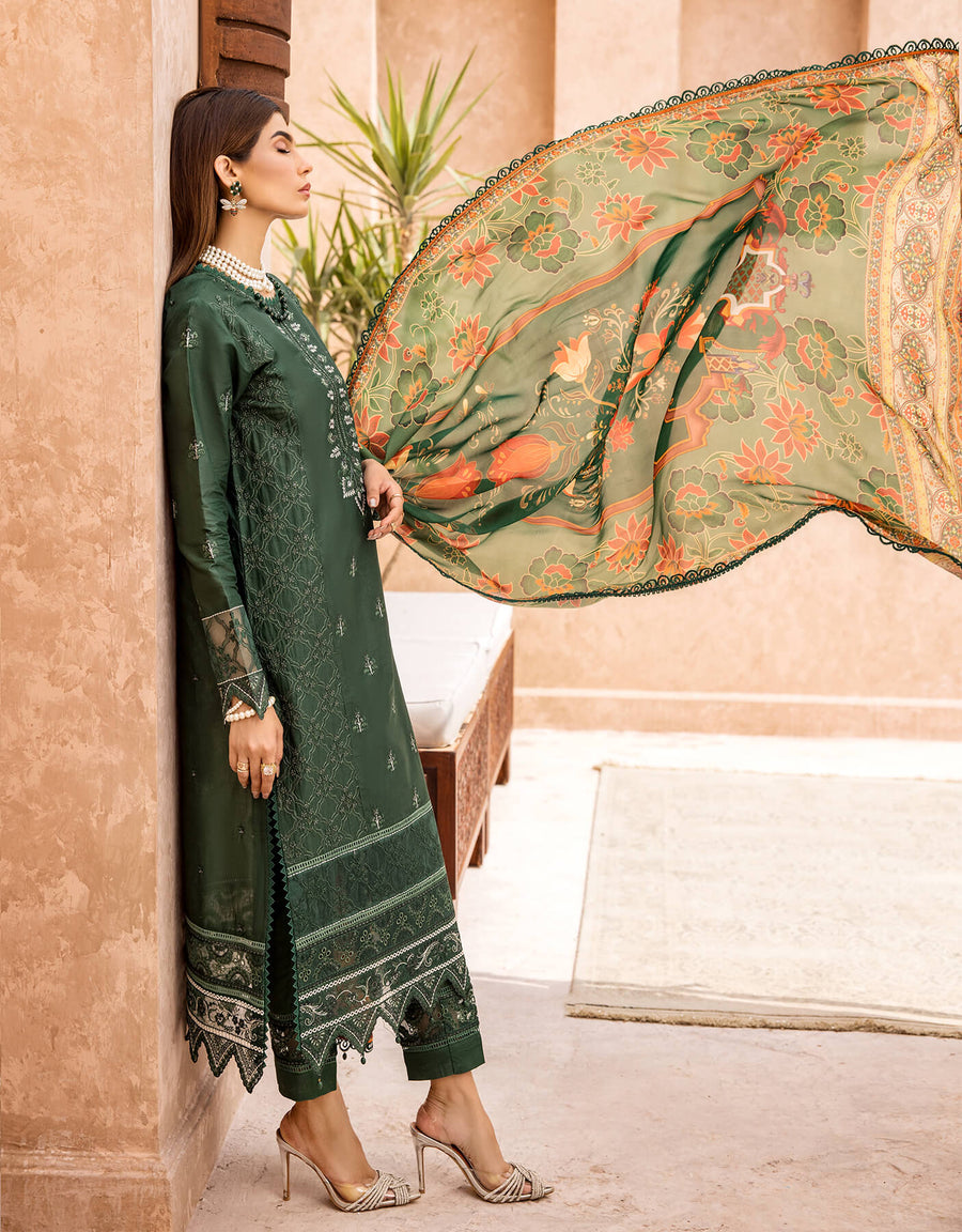 Shazme Kamari Luxury Lawn Unstitched 3Pc Suit SH-03 Forest Green
