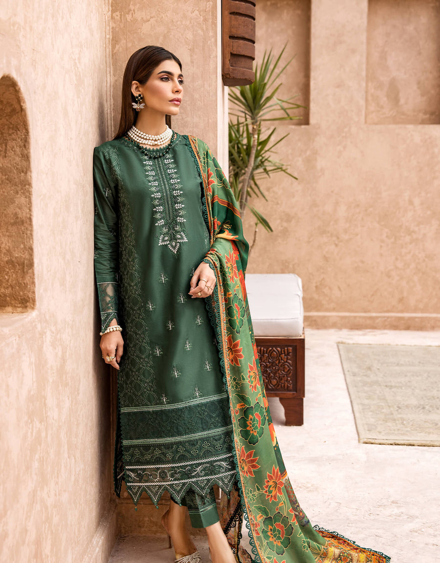 Shazme Kamari Luxury Lawn Unstitched 3Pc Suit SH-03 Forest Green