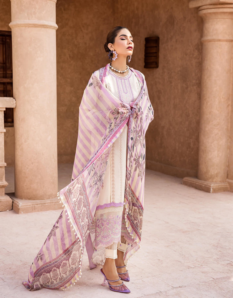 Shazme Kamari Luxury Lawn Unstitched 3Pc Suit SH-04 Ourika White