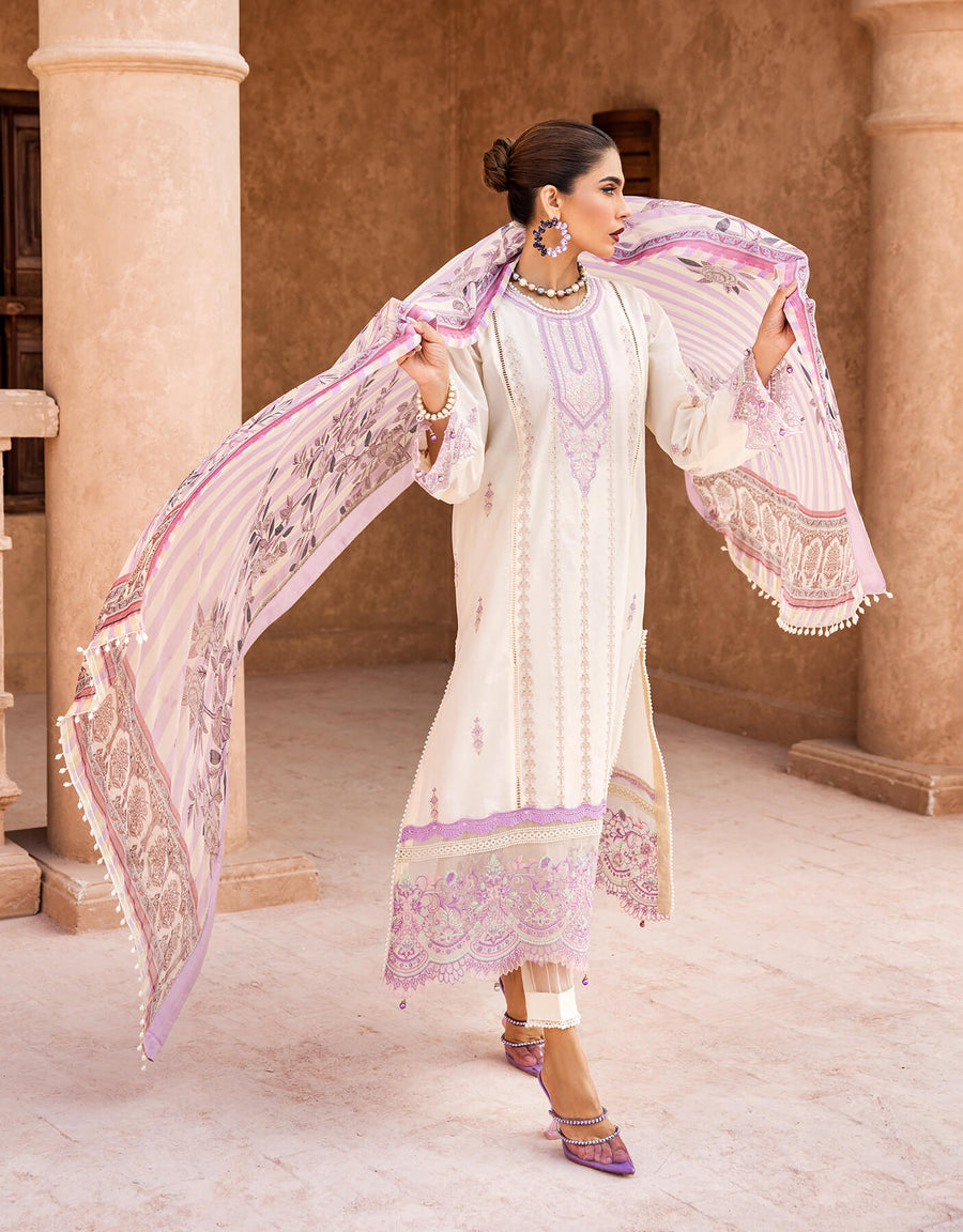 Shazme Kamari Luxury Lawn Unstitched 3Pc Suit SH-04 Ourika White