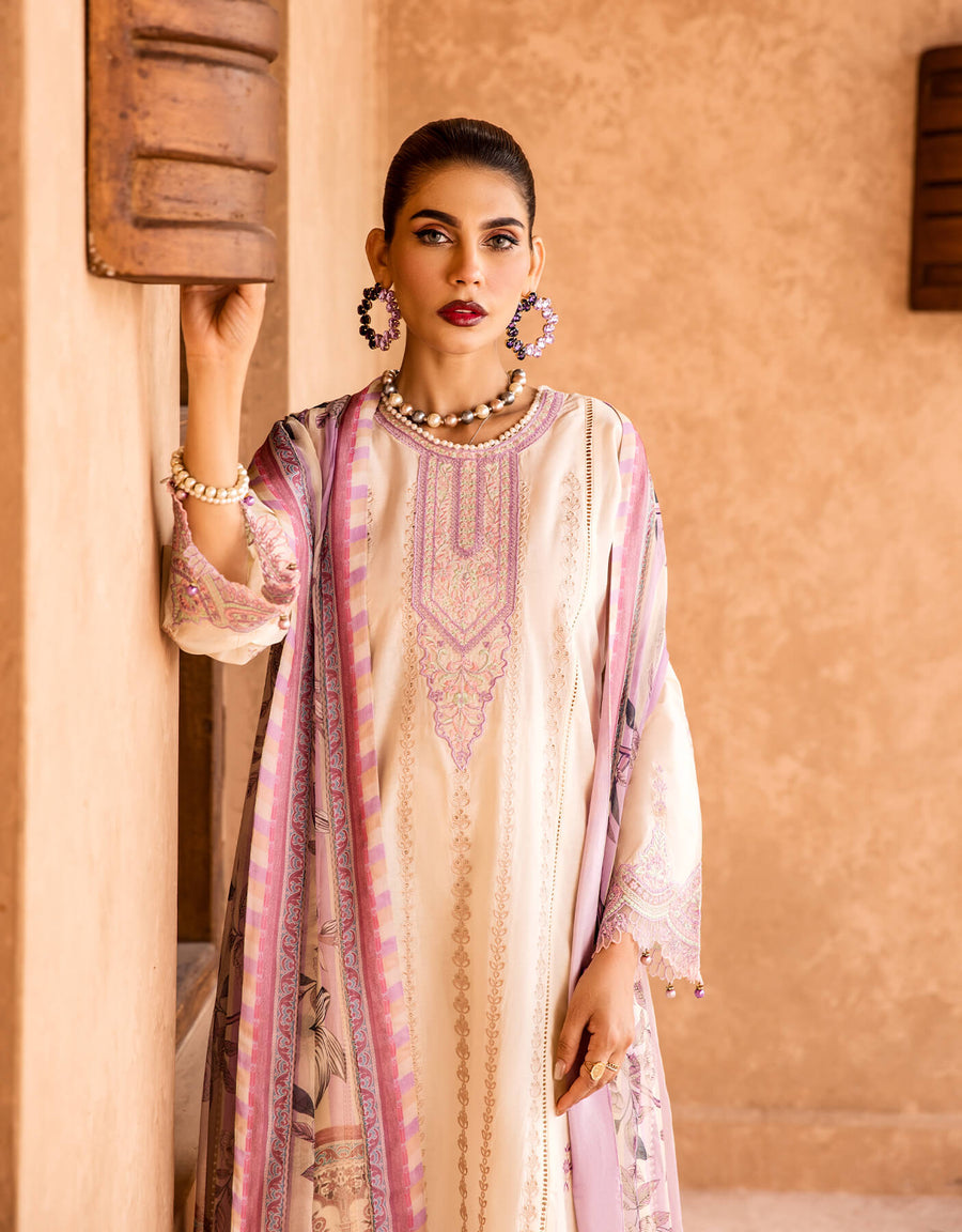 Shazme Kamari Luxury Lawn Unstitched 3Pc Suit SH-04 Ourika White