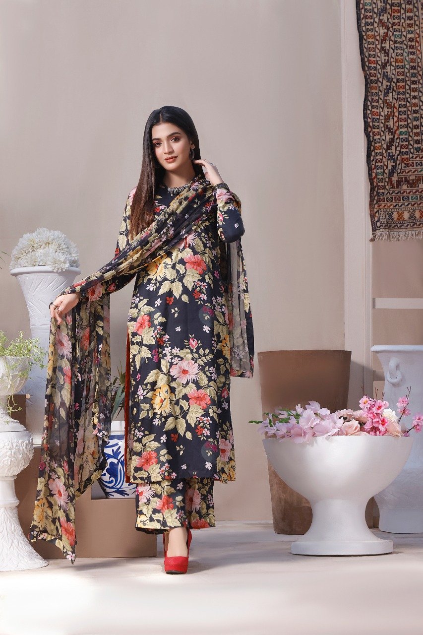 Feathers Premium Printed Lawn Unstitched 3Pc Suit SIYAAH MIST-NJL017