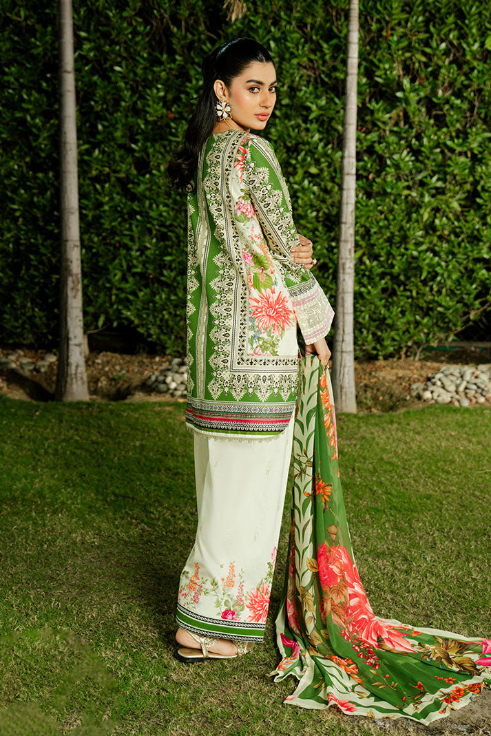 Serene Premium Dahlia Lawn Unstitched 3Pc Suit SL-122 Olive Jardin