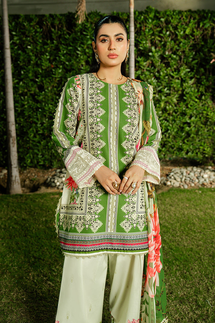 Serene Premium Dahlia Lawn Unstitched 3Pc Suit SL-122 Olive Jardin