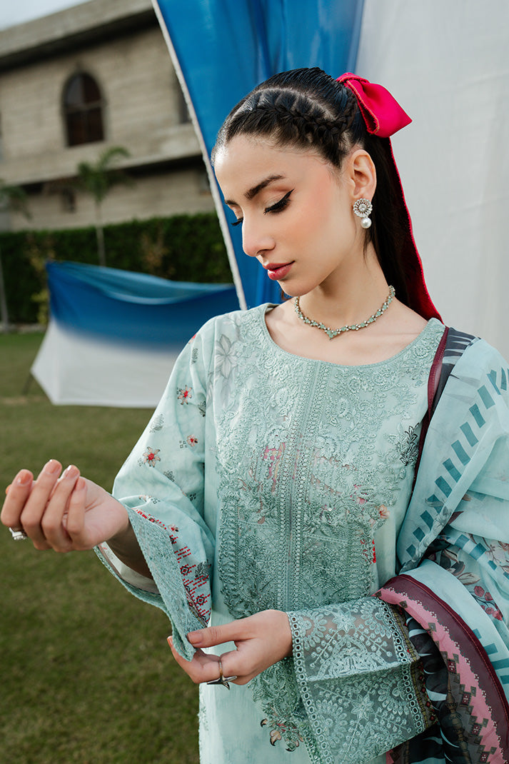 Serene Premium Dahlia Embroidered Lawn Pret 3Pc Suit SL-127 Aqua Serene