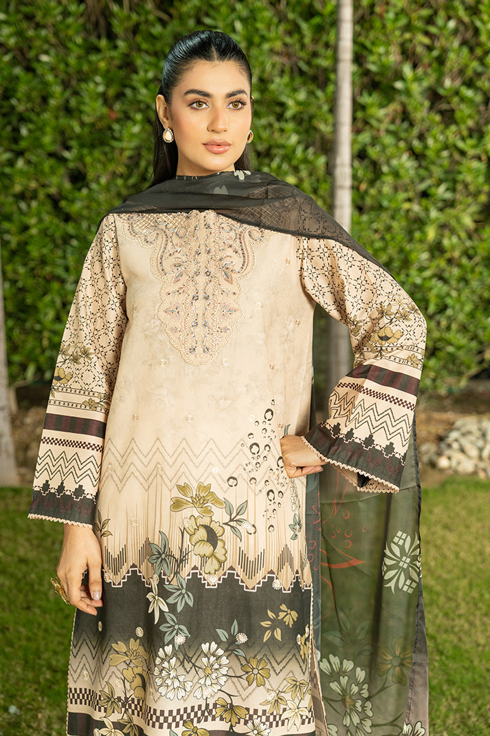 Serene Premium Dahlia Embroidered Lawn Pret 3Pc Suit SL-130 Sand Noir