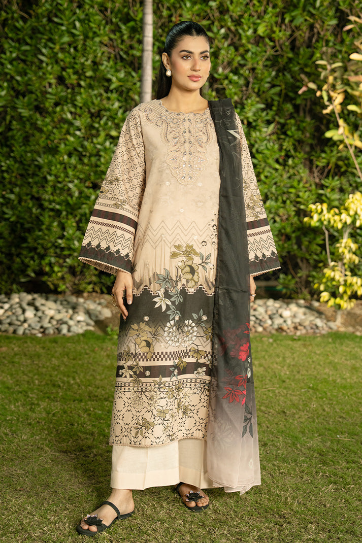 Serene Premium Dahlia Embroidered Lawn Pret 3Pc Suit SL-130 Sand Noir