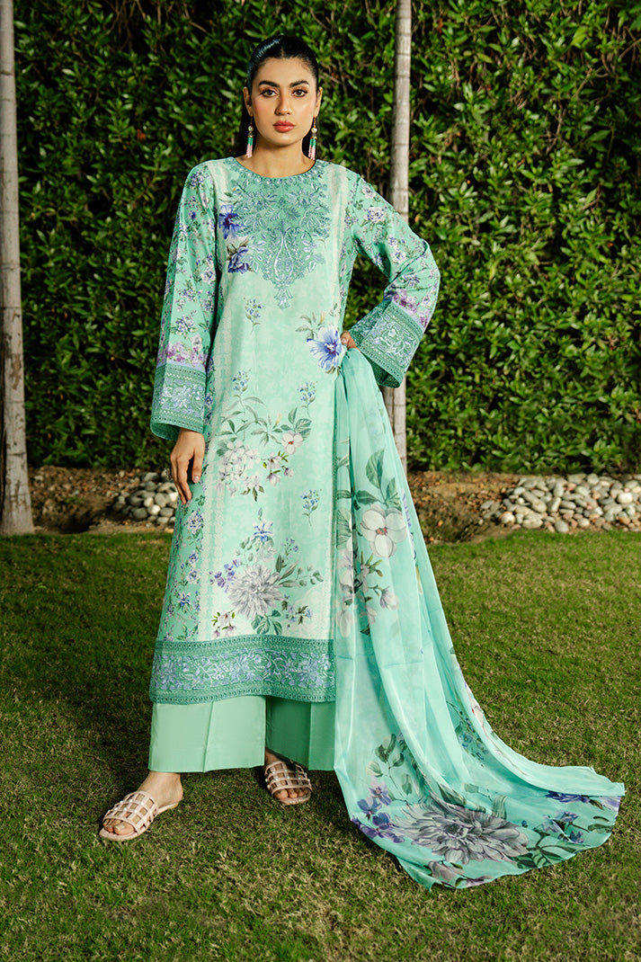Serene Premium Dahlia Embroidered Lawn Pret 3Pc Suit SL-136 Mint Cascade