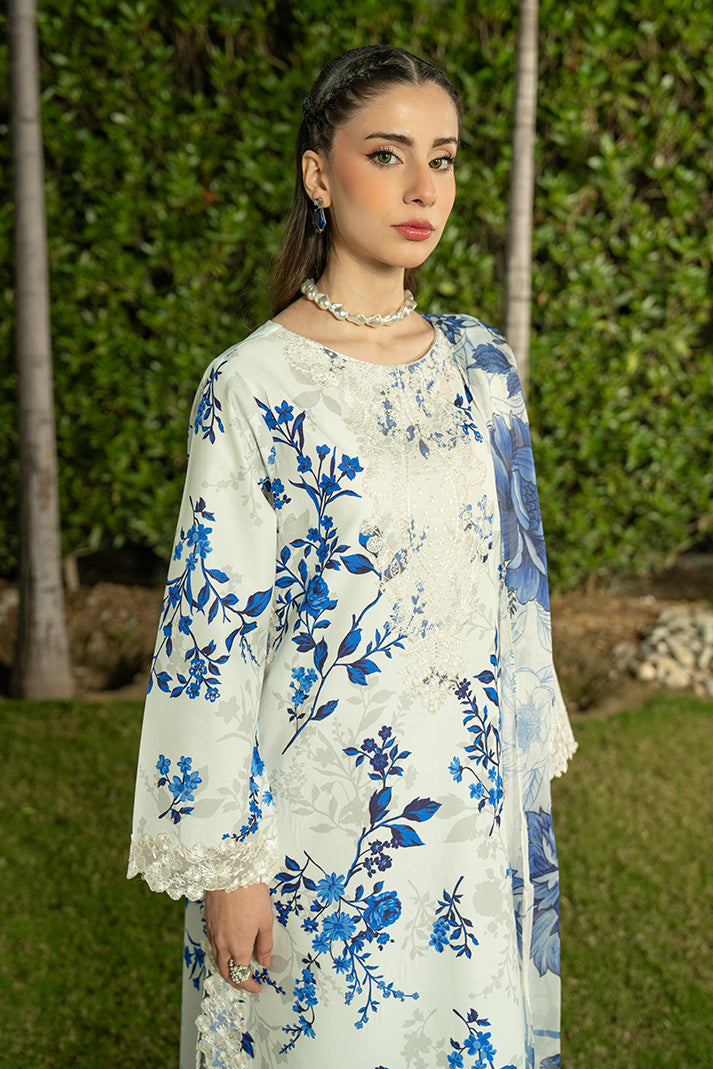 Serene Premium Dahlia Embroidered Lawn Pret 3Pc Suit SL-145 Blue Porcelain