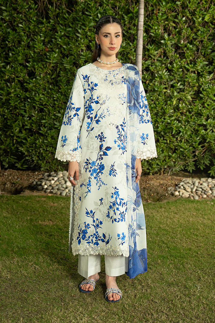 Serene Premium Dahlia Embroidered Lawn Pret 3Pc Suit SL-145 Blue Porcelain