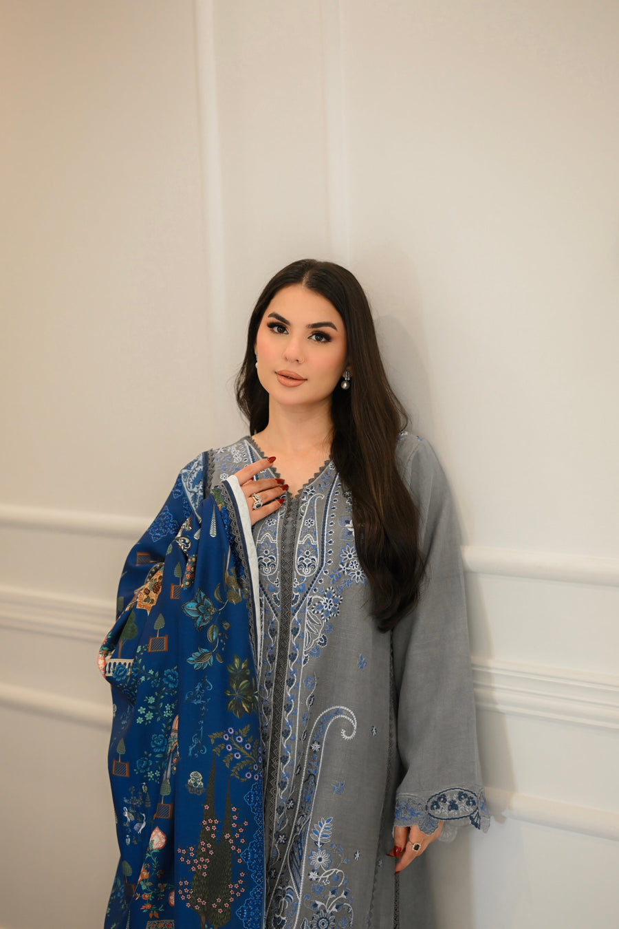 Faiza Faisal Afsana Embroidered Khaddar Unstitched 3Pc Suit - SURMAI