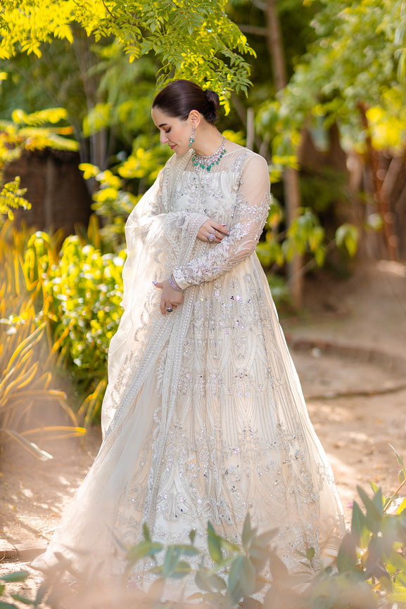 Noor by Azzal Embroidered Net Unstitched 3Pc Suit D-06 Safed