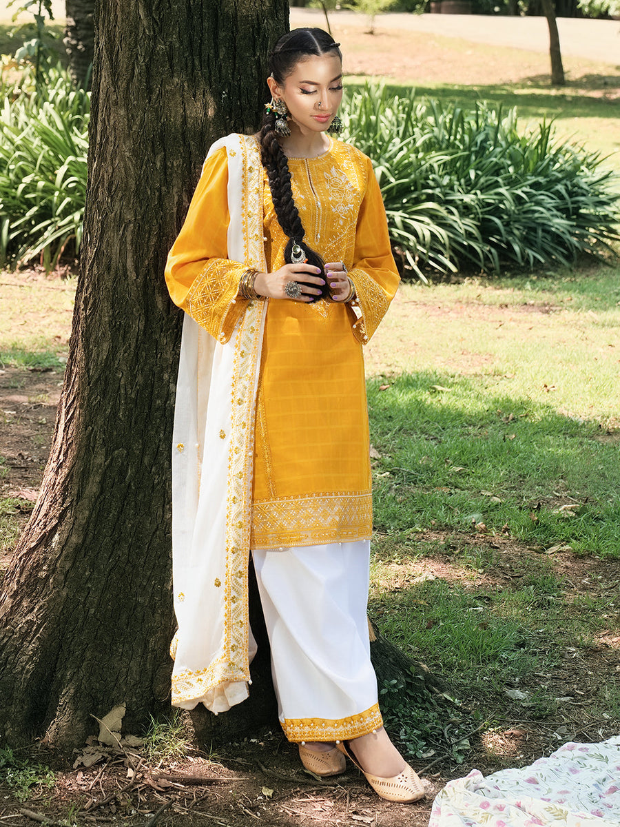 HemStitch The Garden Embroidered Lawn Unstitched 3Pc Suit - Saffron Petal