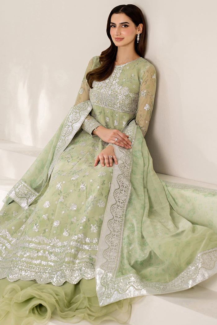 Farasha Fiorella Embroidered Chiffon Unstitched 3Pc Suit - Sage Sparkle