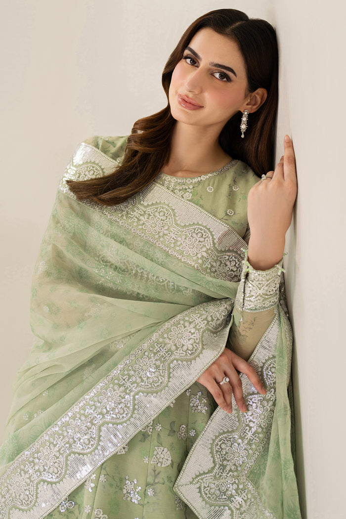 Farasha Fiorella Embroidered Chiffon Unstitched 3Pc Suit - Sage Sparkle
