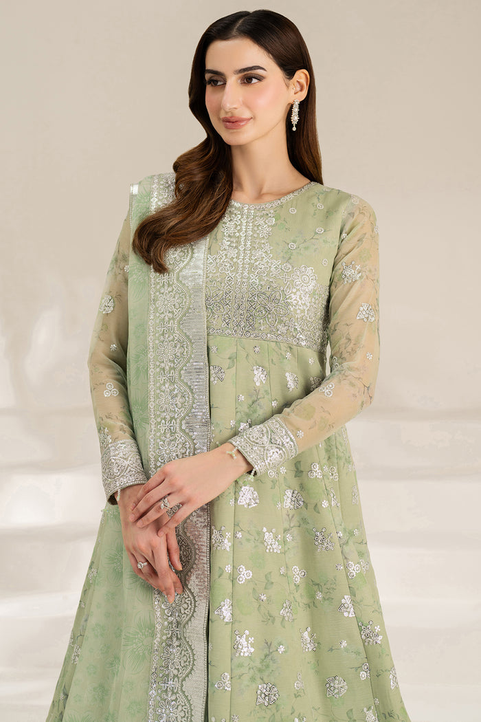 Farasha Fiorella Embroidered Chiffon Unstitched 3Pc Suit - Sage Sparkle