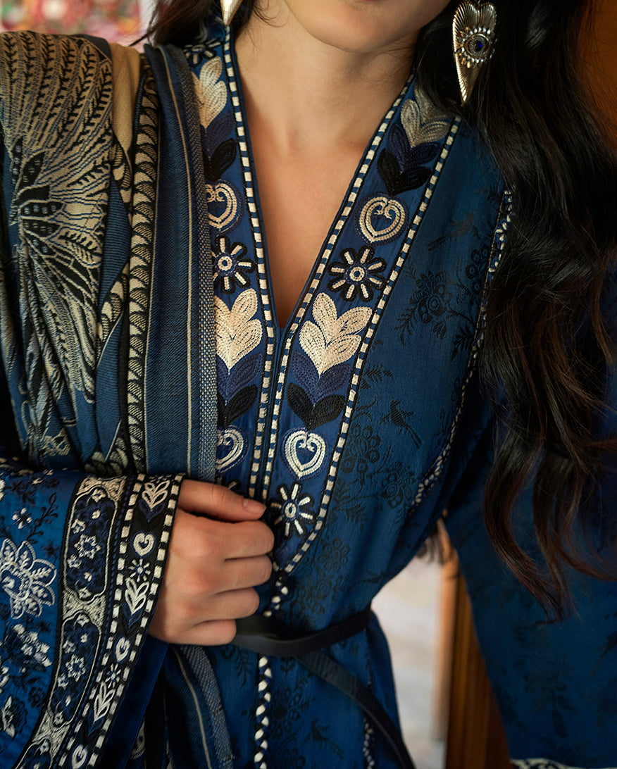 Mushq Broadway Embroidered Jacquard Unstitched 3Pc Suit - Sapphire Sultana