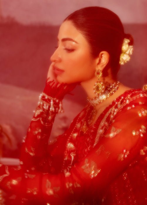 Sadaf Fawad Khan Siraa Embroidered Organza Unstitched 3Pc Suit - Scarlet
