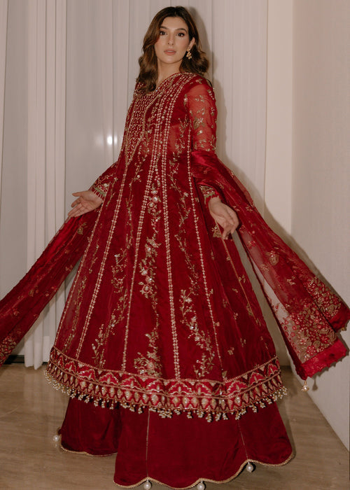 Sadaf Fawad Khan Siraa Embroidered Organza Unstitched 3Pc Suit - Scarlet