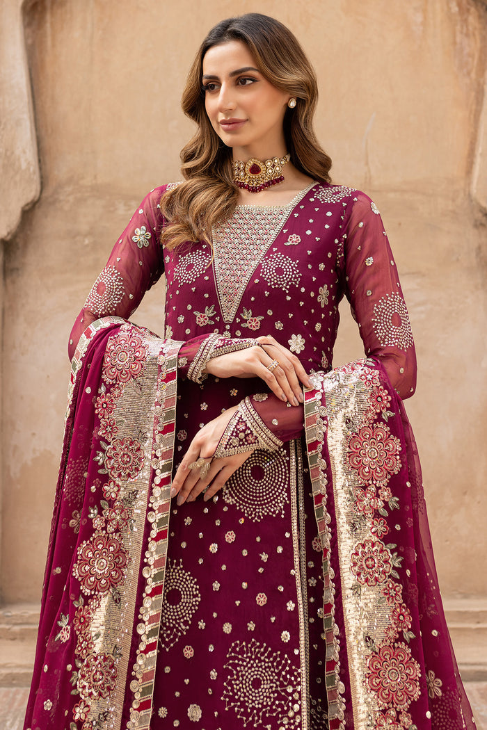 Farasha Ritzier Embroidered Chiffon Unstitched 3Pc Suit - Scarlet Charm