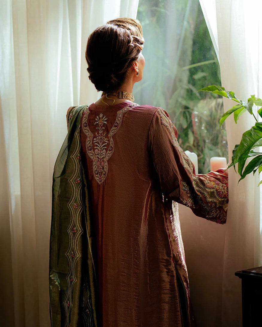 Mushq Sunehri Ramsha Edit Satin Zari Stitched 3Pc Suit - Seema