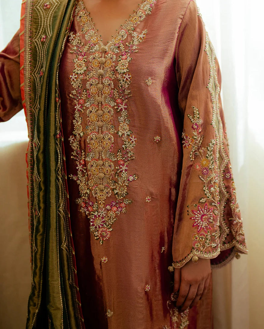 Mushq Sunehri Ramsha Edit Satin Zari Stitched 3Pc Suit - Seema