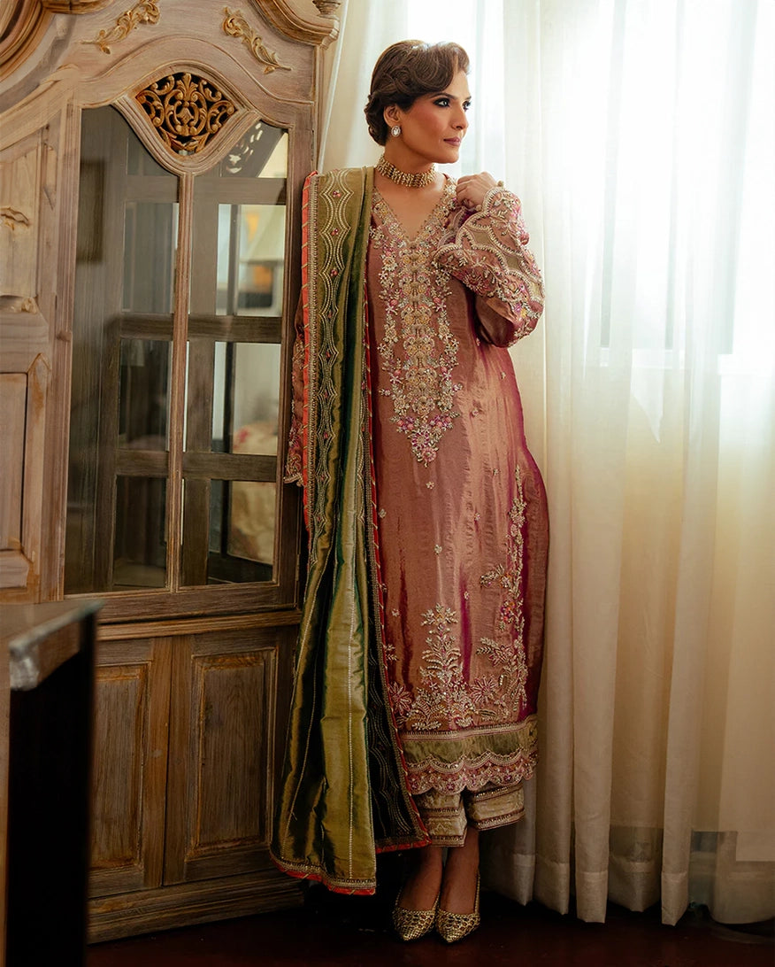 Mushq Sunehri Ramsha Edit Satin Zari Stitched 3Pc Suit - Seema