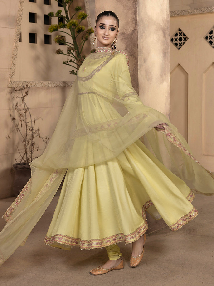 Hemstitch Embroidered Raw Silk Ready to Wear 3Pc Suit - Sehar