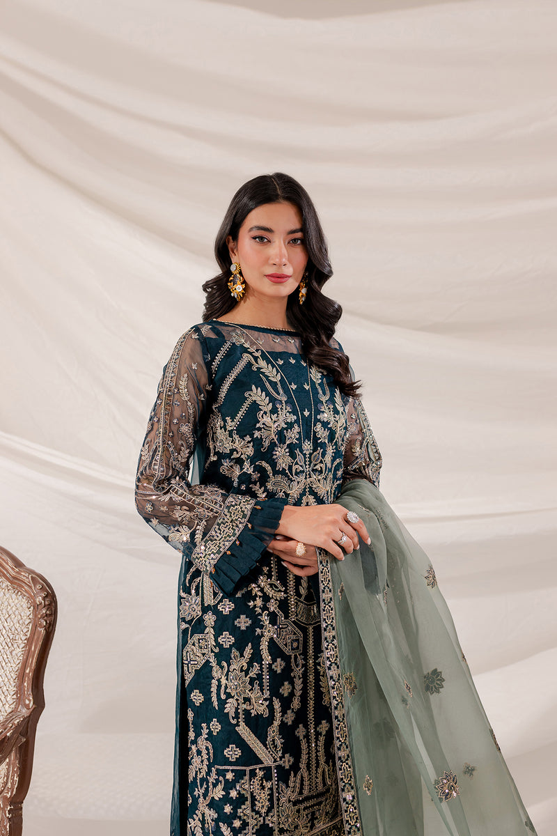 Farasha Lumiere Luxury Embroidered Organza Unstitched 3Pc Suit - Shamrock