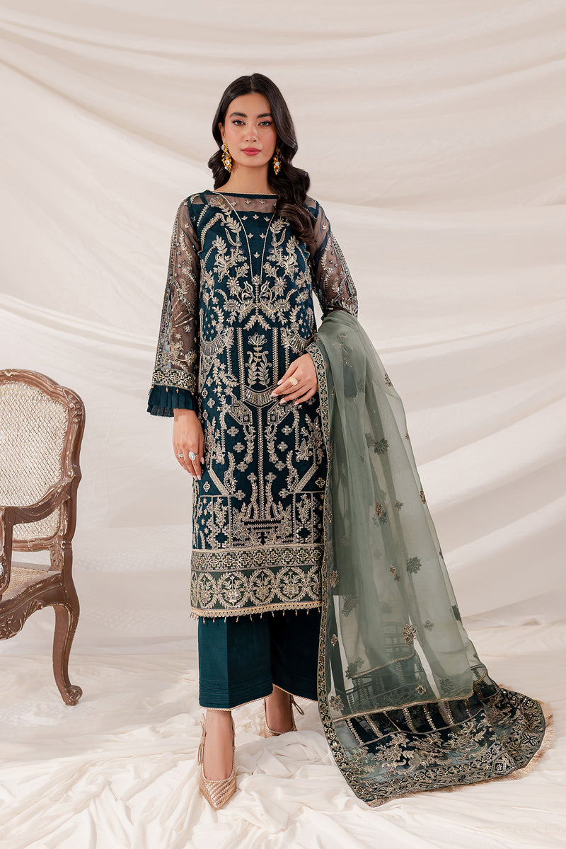Farasha Lumiere Luxury Embroidered Organza Unstitched 3Pc Suit - Shamrock