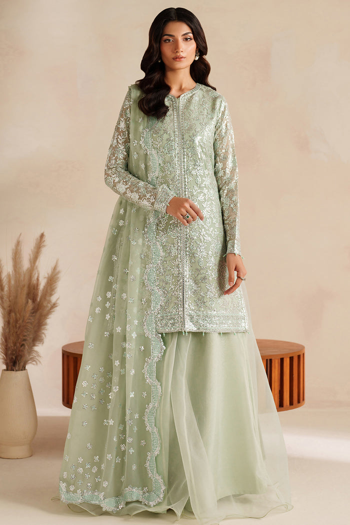 Farasha Luxury Embroidered Chiffon Unstitched 3Pc Suit - Soft Fern