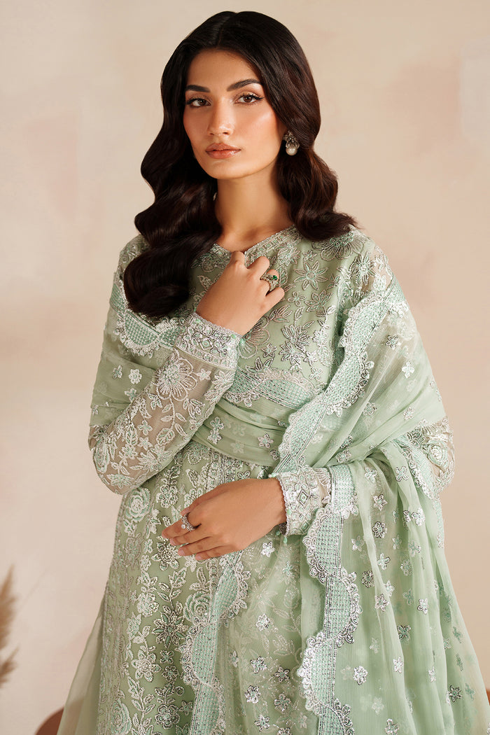 Farasha Luxury Embroidered Chiffon Unstitched 3Pc Suit - Soft Fern